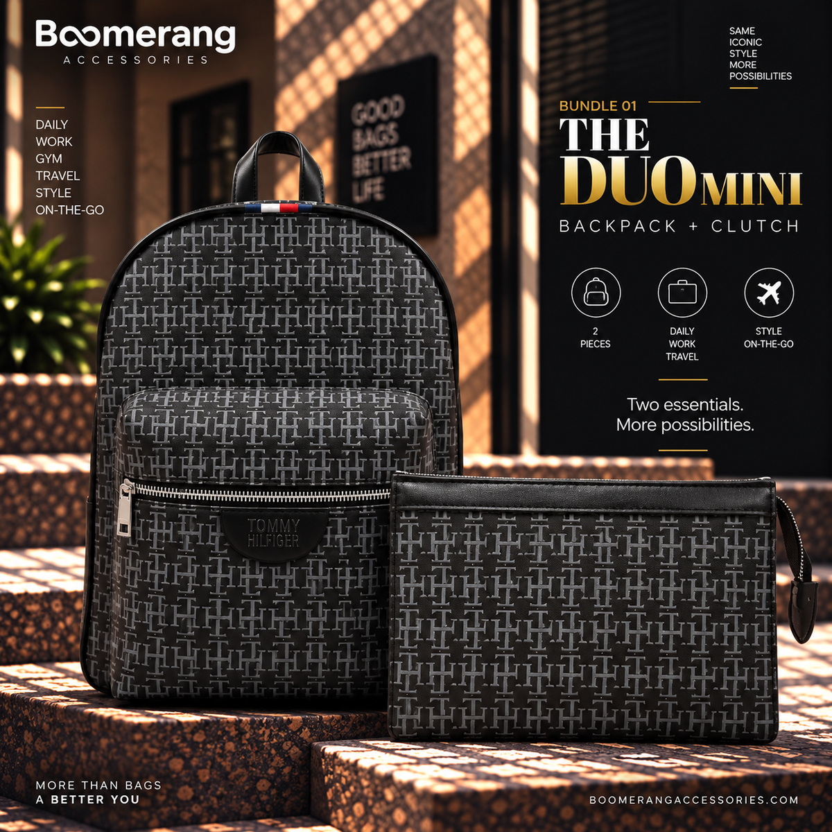 The Duo Mini – Tommy Black Backpack & Clutch Bundle