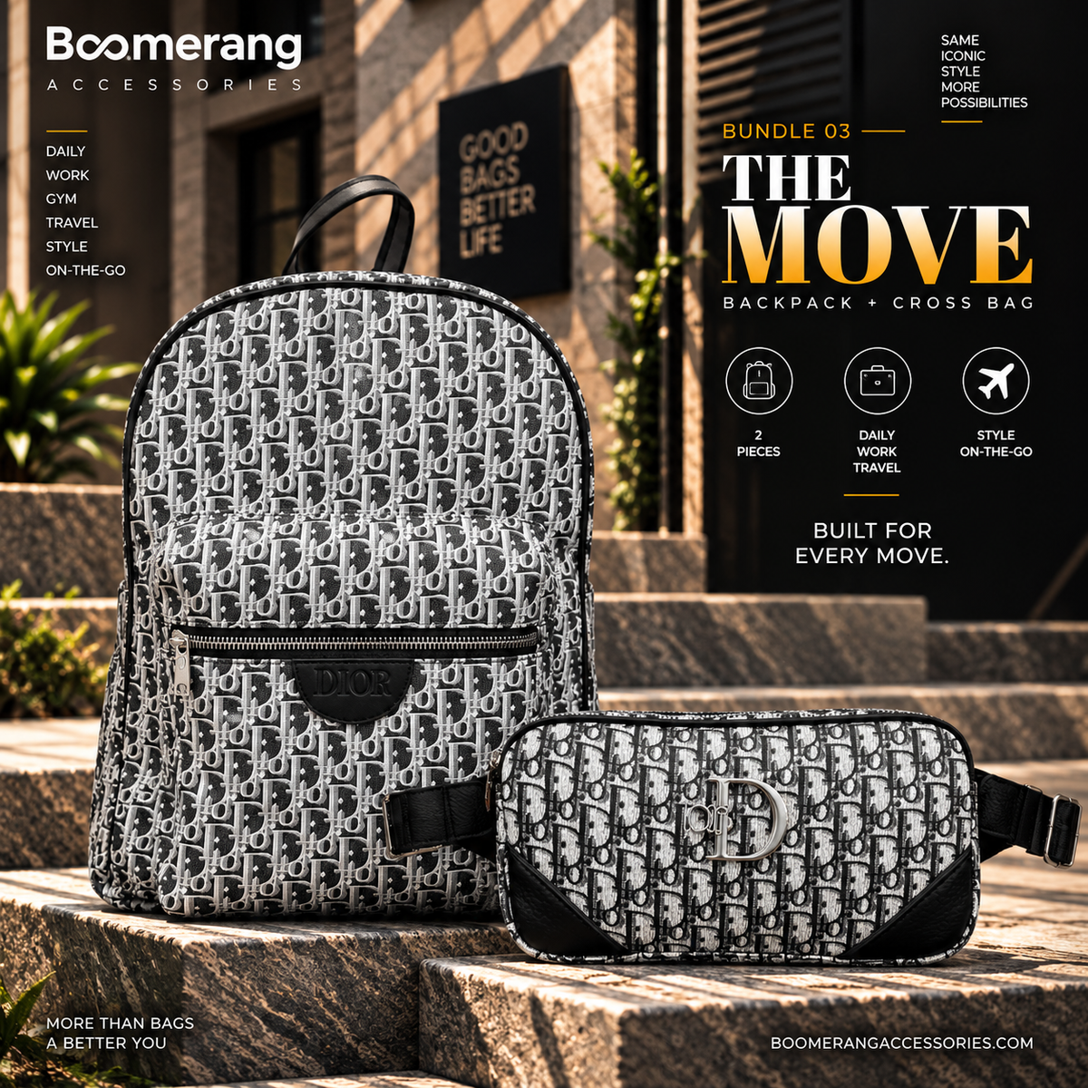 The Move – Dior Black & White Backpack & Crossbody Waist Bag Bundle