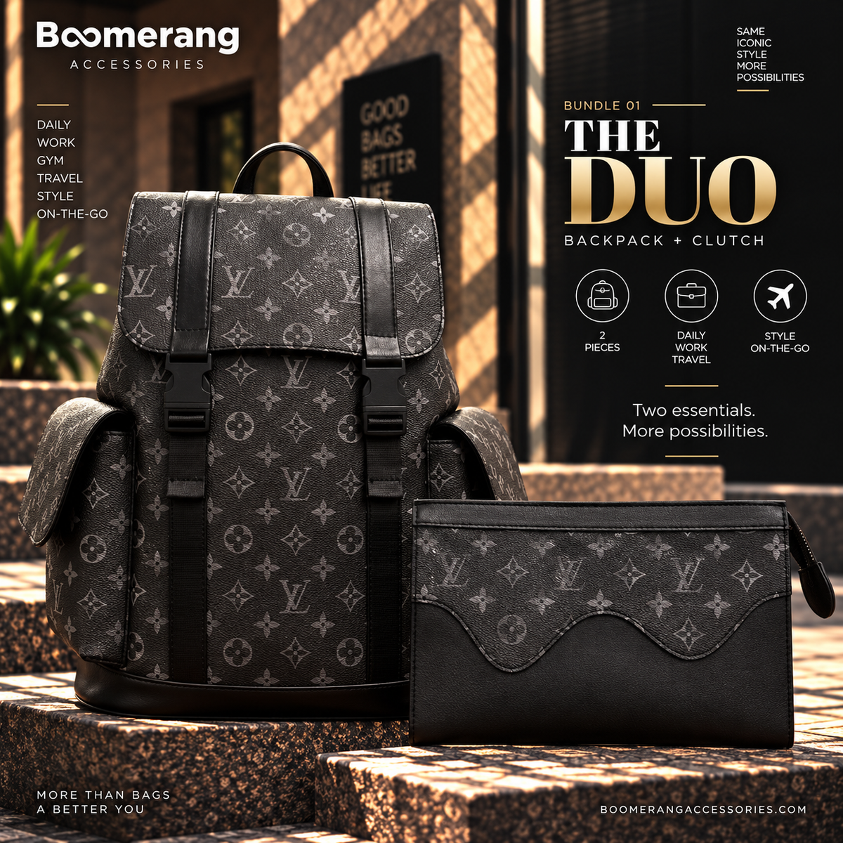 The Duo – LV Black Big Backpack & Clutch Bundle