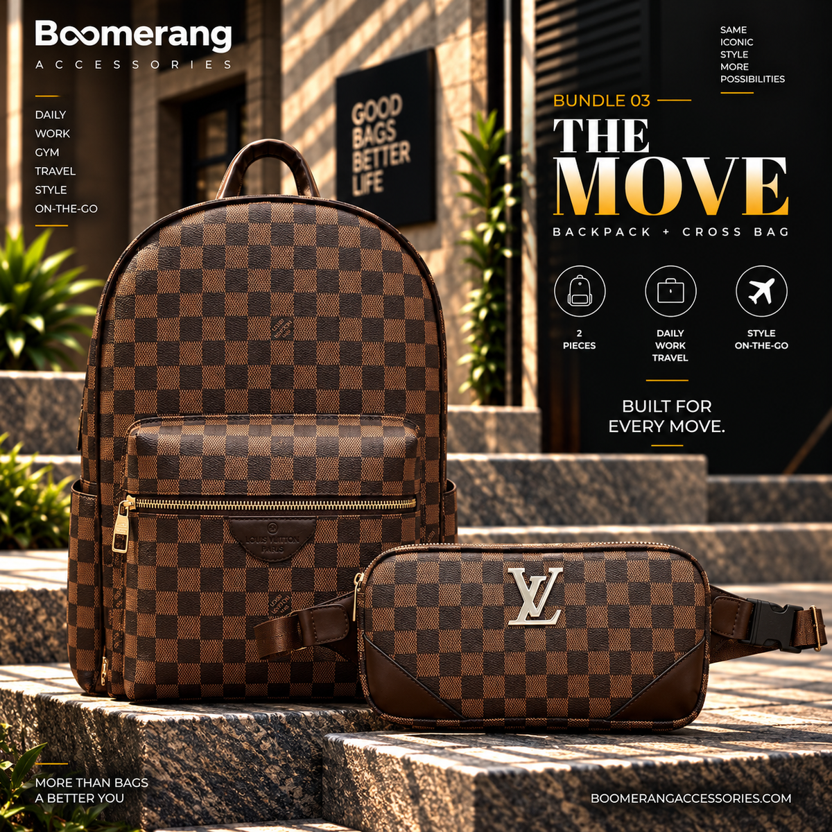 The Move – LV Brown Backpack & Crossbody Waist Bag Bundle
