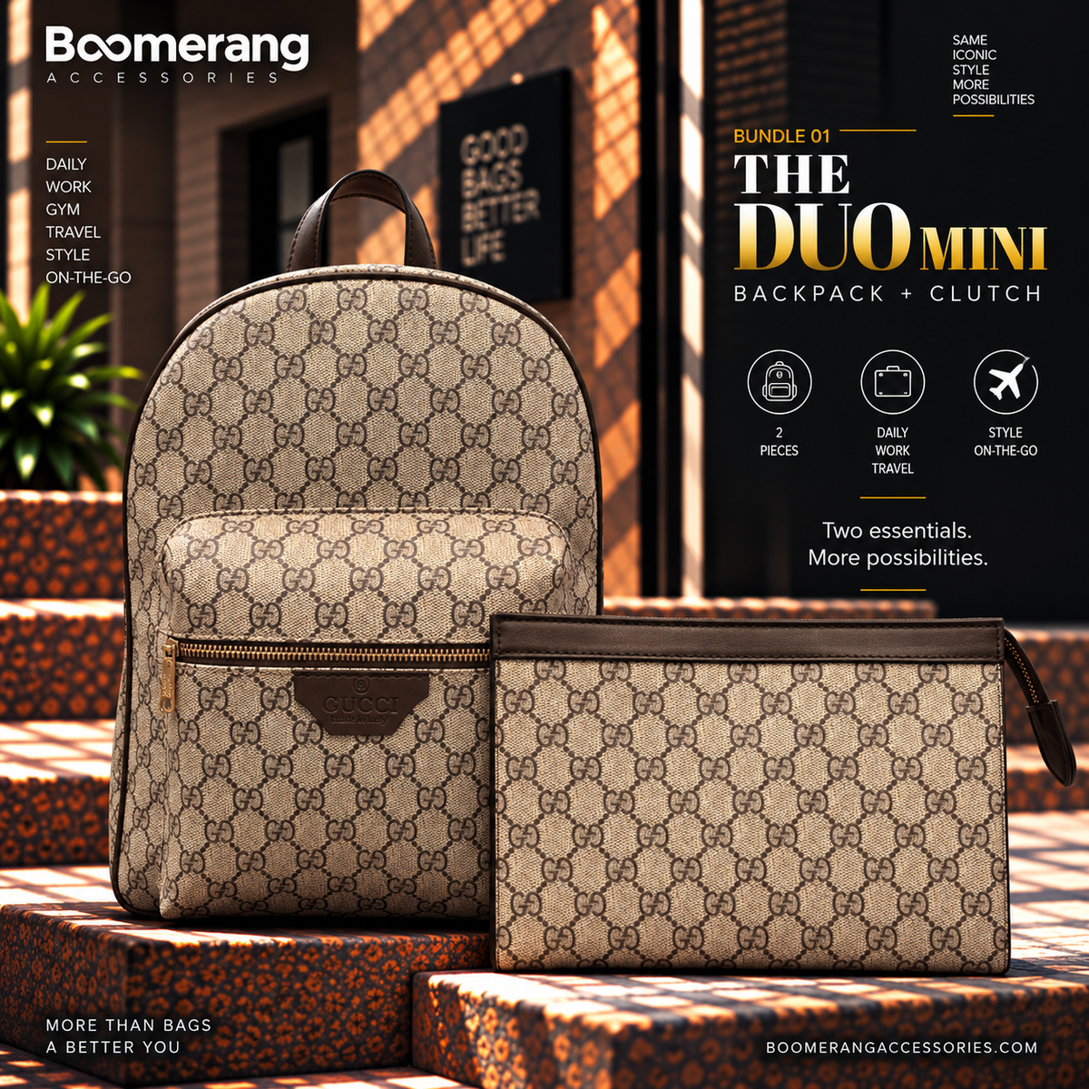 The Duo Mini – Gucci Beige Backpack & Clutch Bundle
