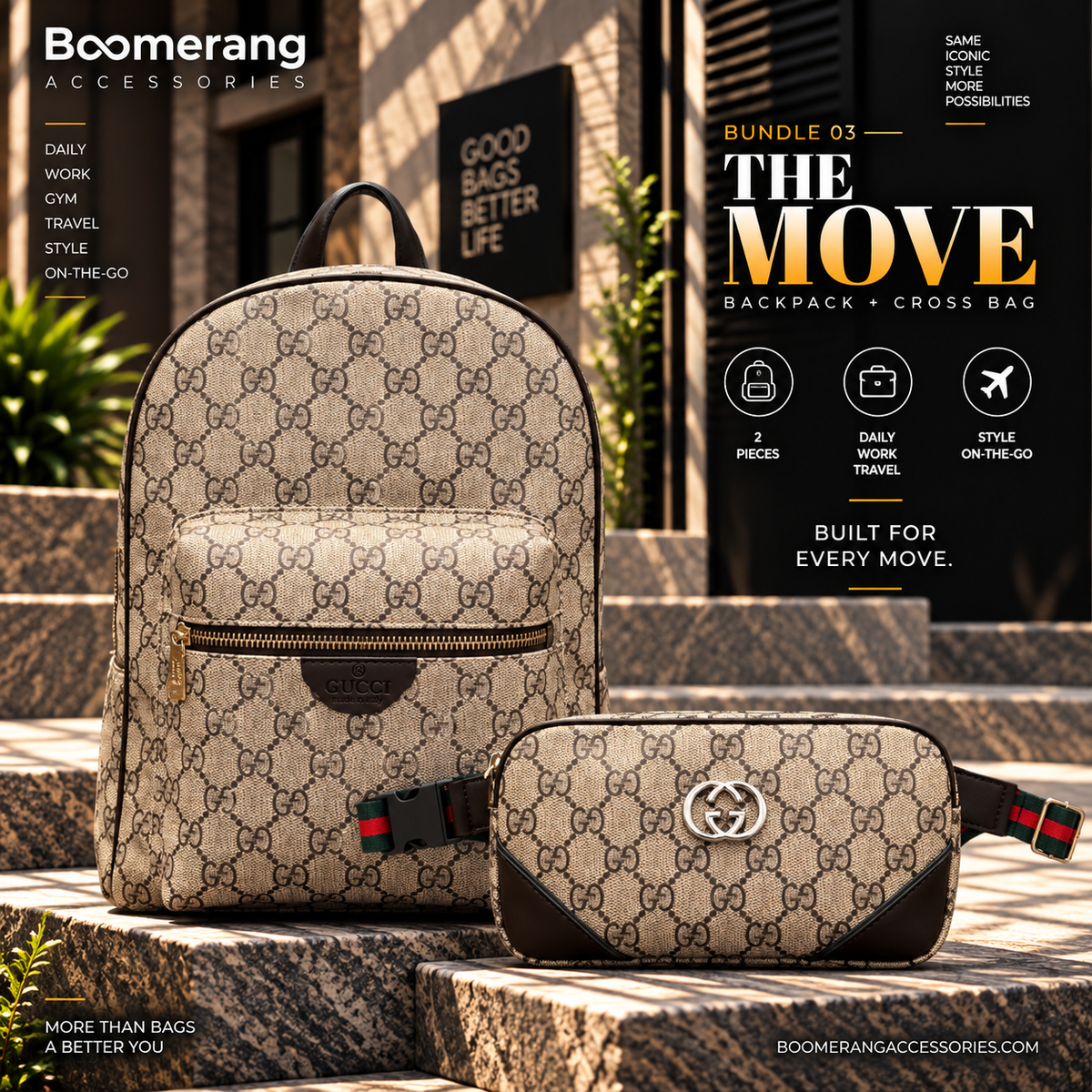 The Move – Gucci Beige Backpack & Crossbody Waist Bag Bundle