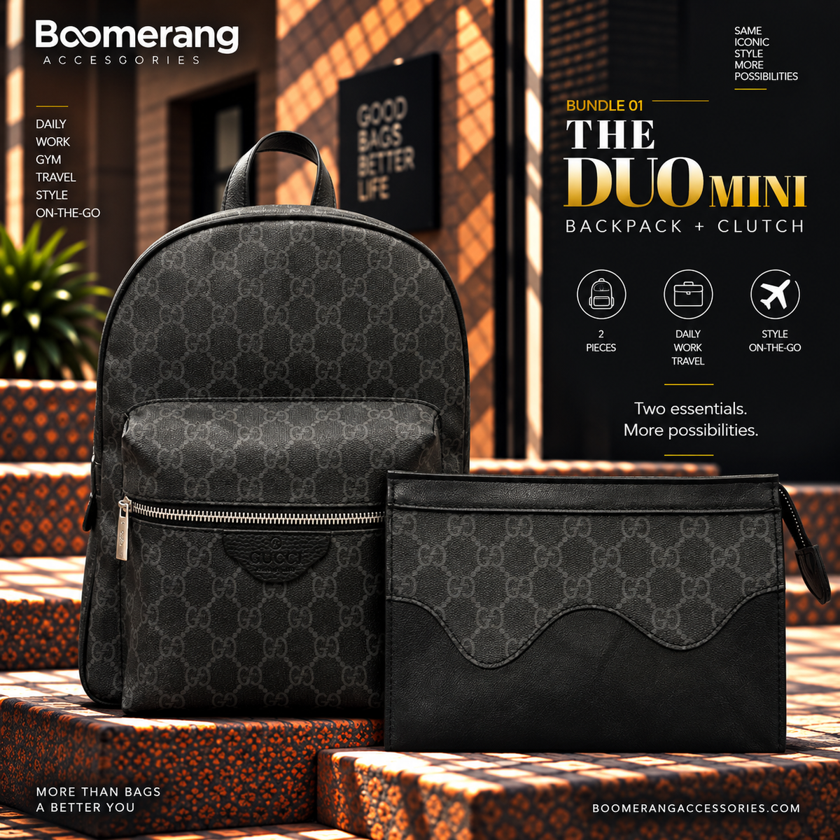 The Duo Mini – Gucci Grey Backpack & Clutch Bundle