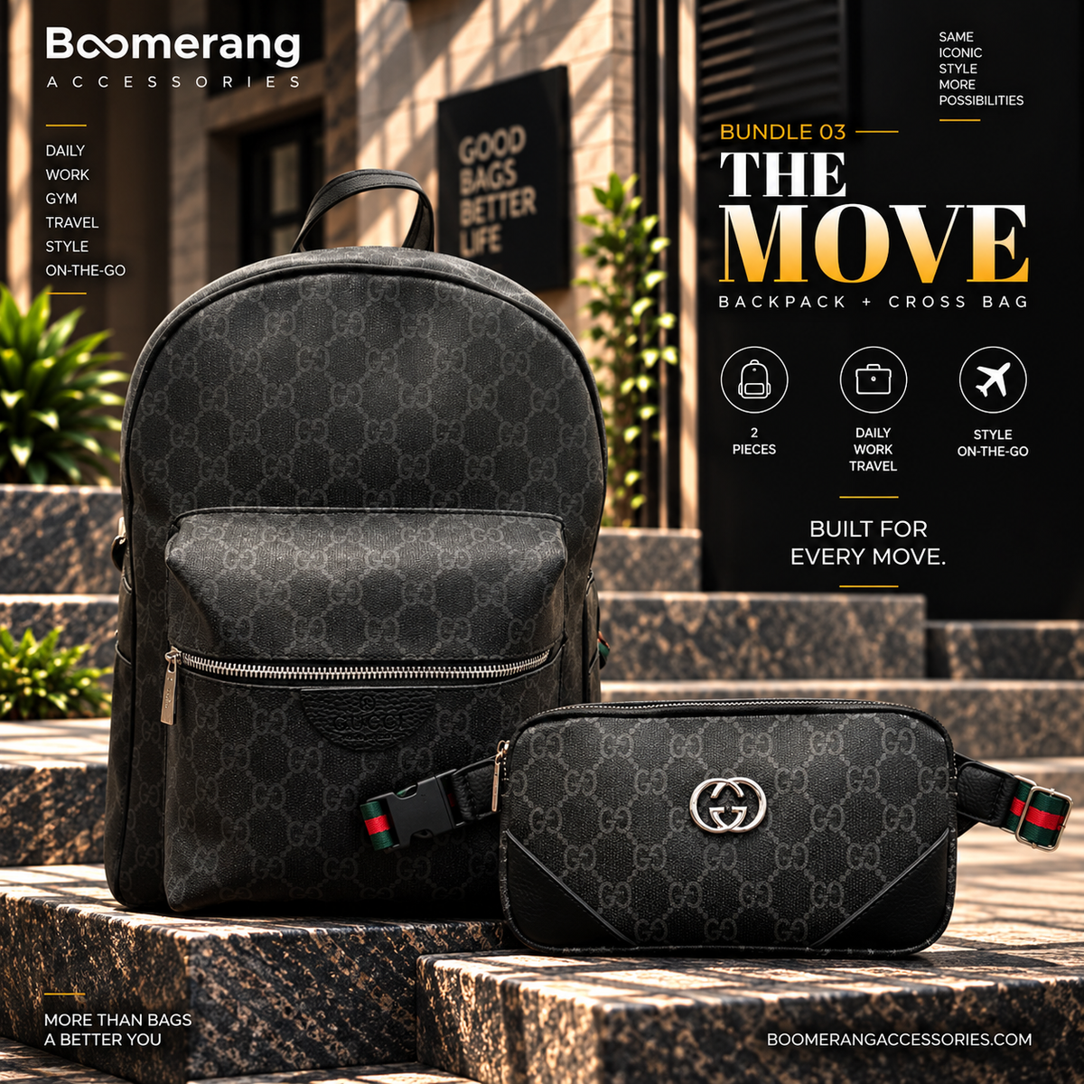 The Move – Gucci Grey Backpack & Crossbody Waist Bag Bundle