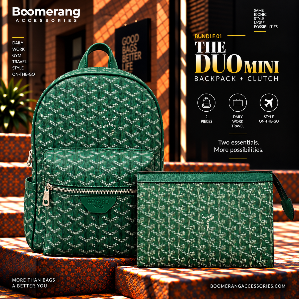 The Duo Mini – Goyard Dark Green Backpack & Clutch Bundle