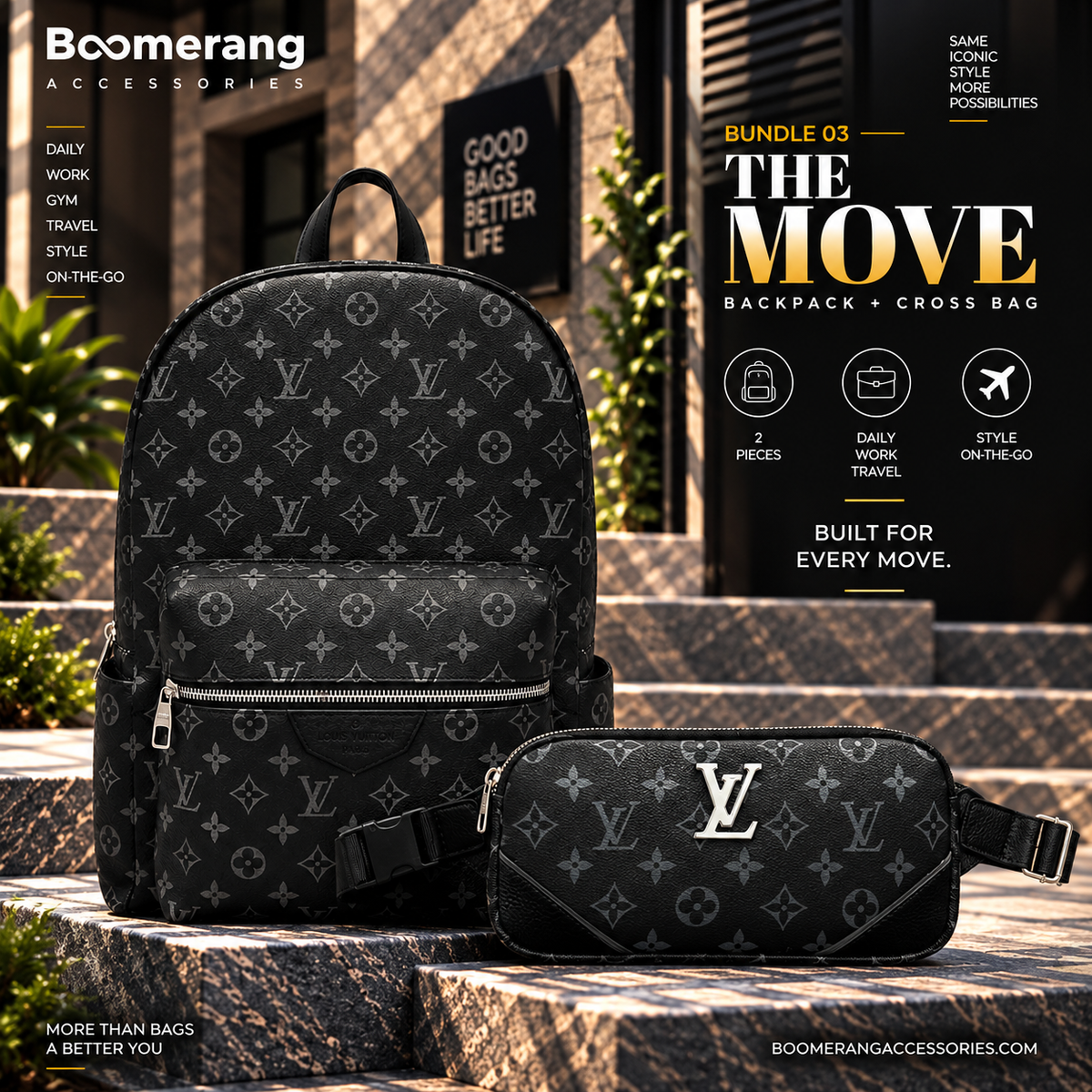 The Move – LV Black Backpack & Crossbody Waist Bag Bundle