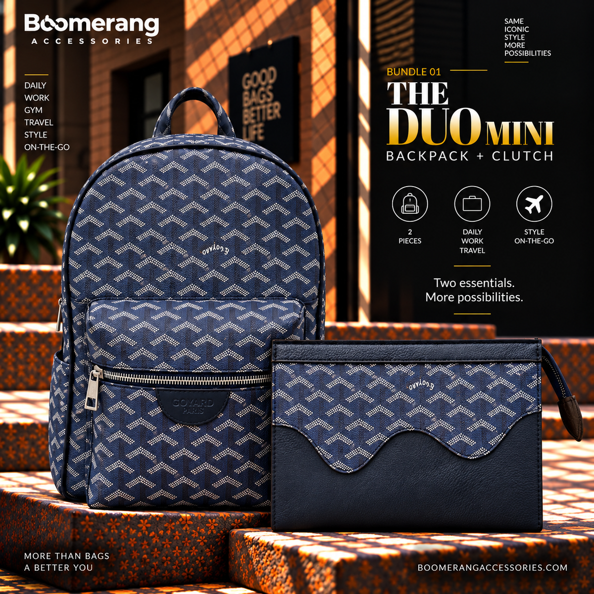 The Duo Mini – Goyard Dark Blue Navy Backpack & Clutch Bundle