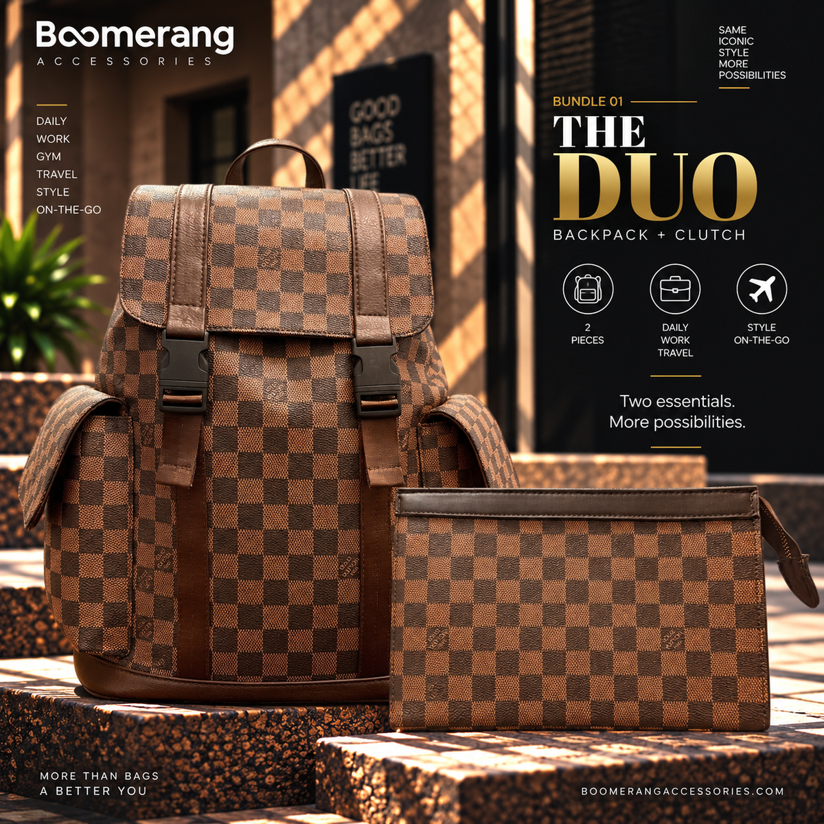 The Duo – LV Brown Big Backpack & Clutch Bundle