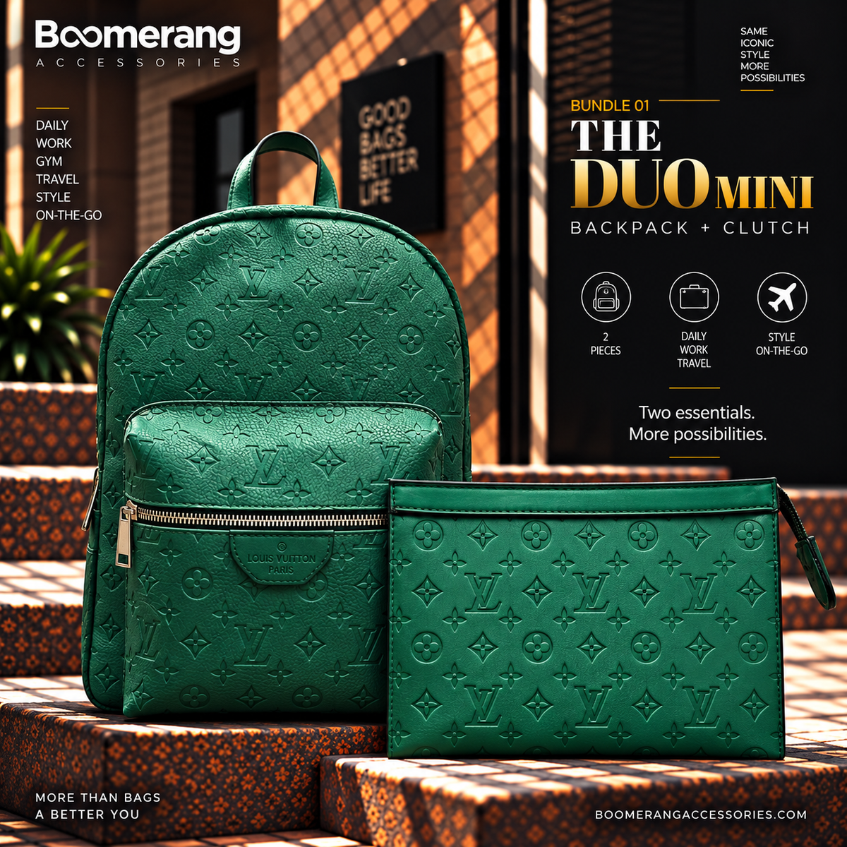 The Duo Mini – LV Green Backpack & Clutch Bundle