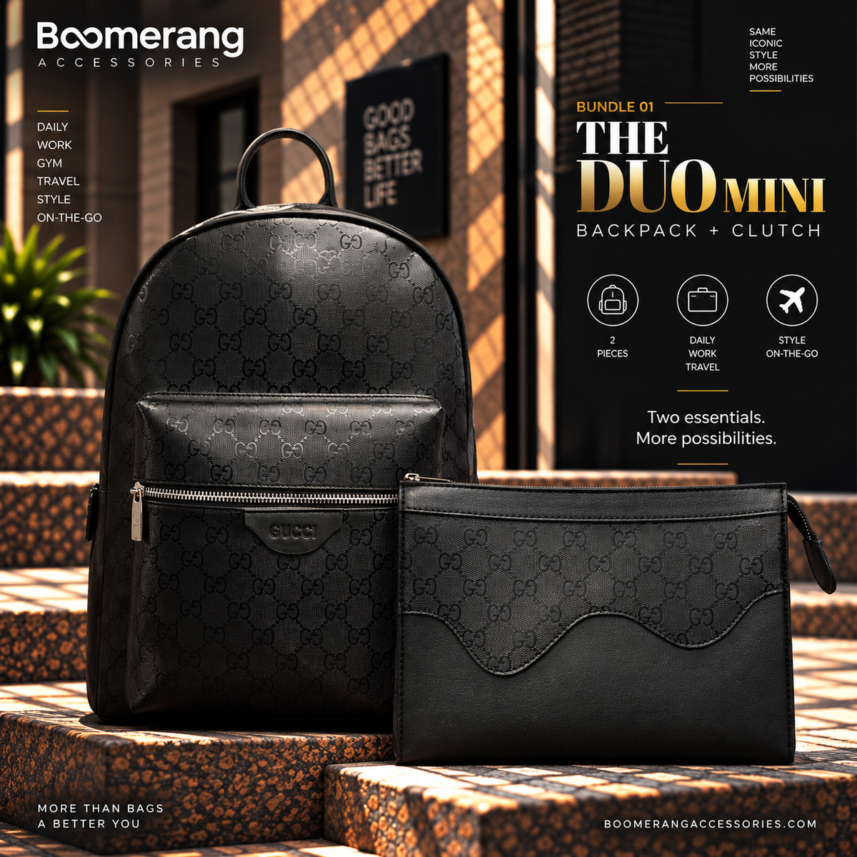 The Duo Mini – Gucci Black Backpack & Clutch Bundle