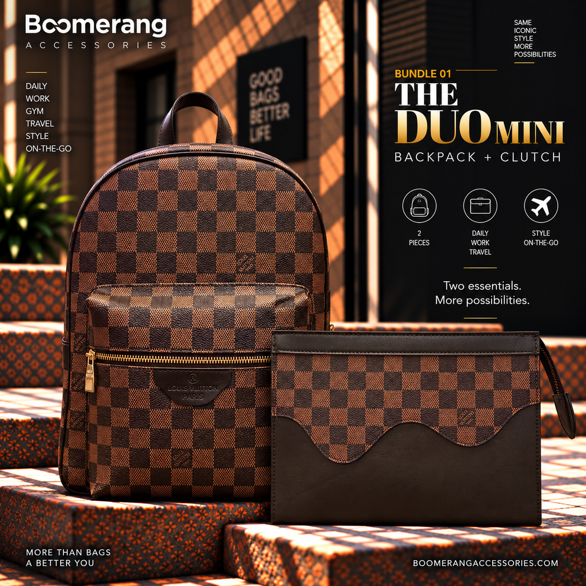 The Duo Mini – LV Brown Backpack & Clutch Bundle