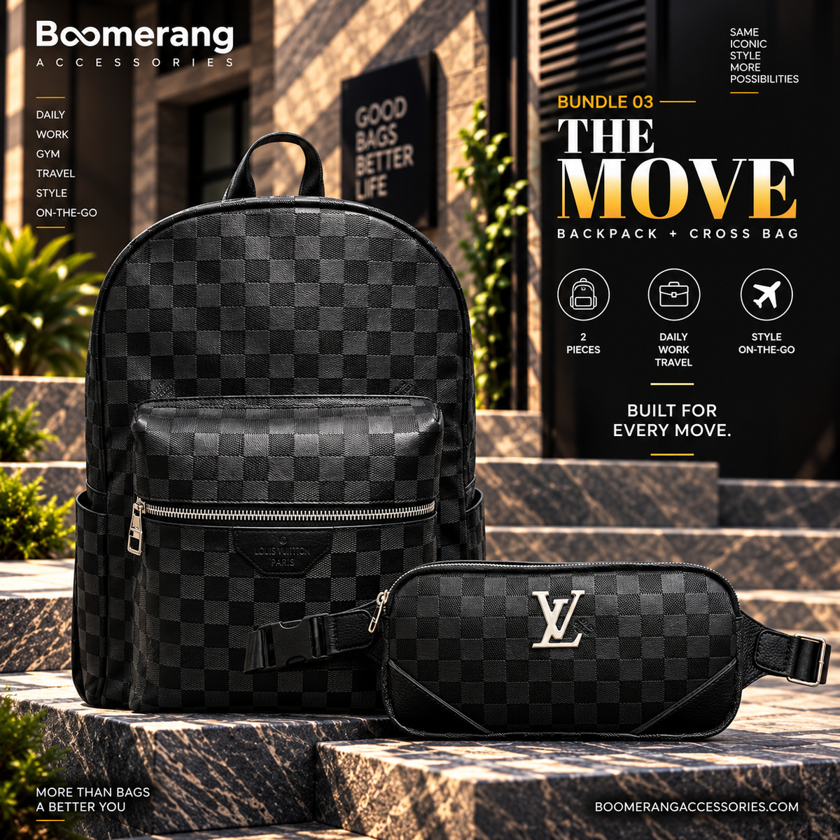 The Move – LV Black Backpack & Crossbody Waist Bag Bundle