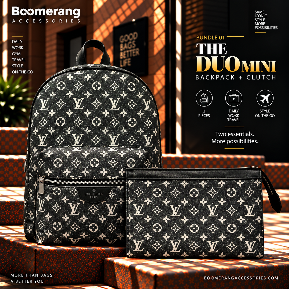 The Duo Mini – LV Black & White jeans Backpack & Clutch Bundle