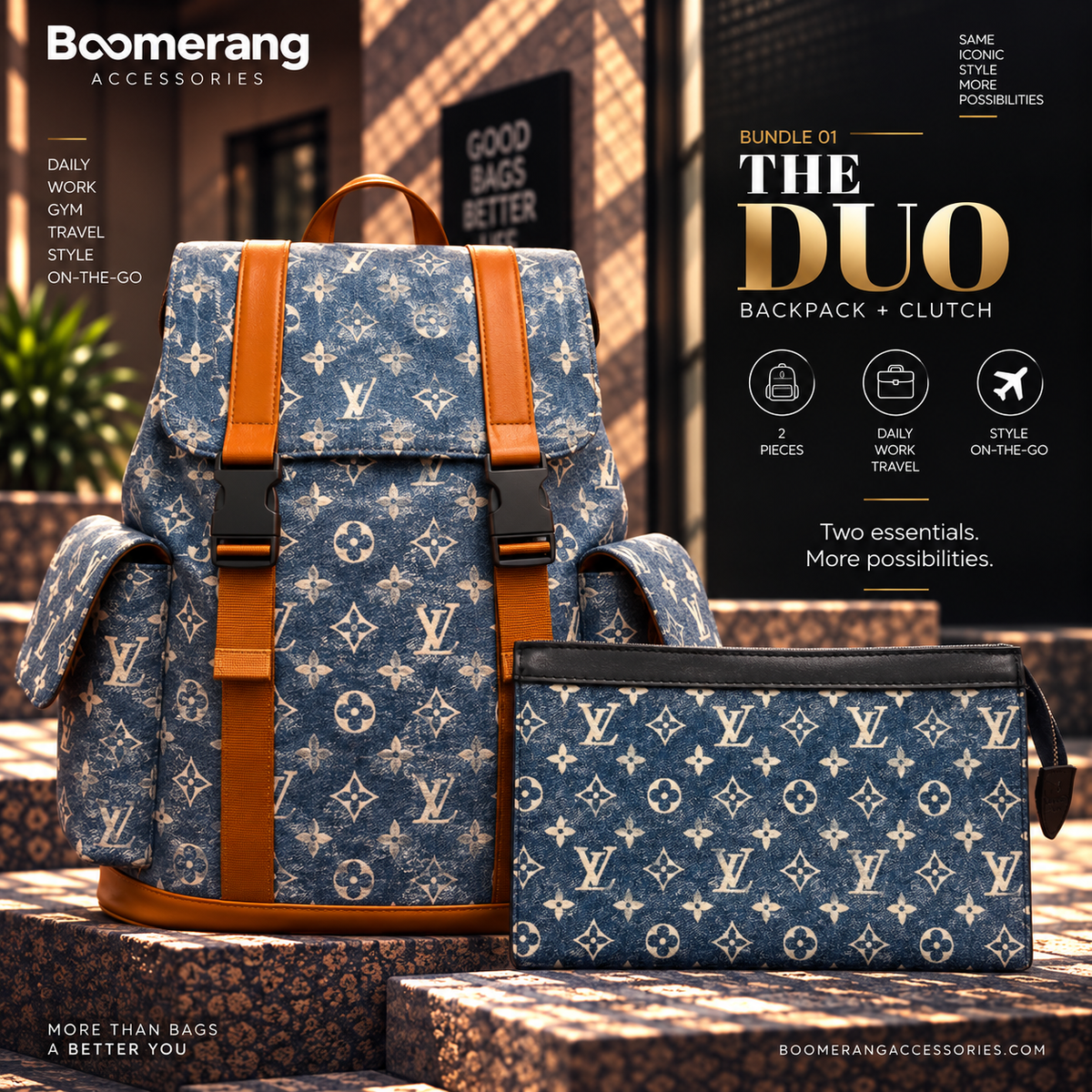 The Duo – LV Blue Jeans Big Backpack & Clutch Bundle